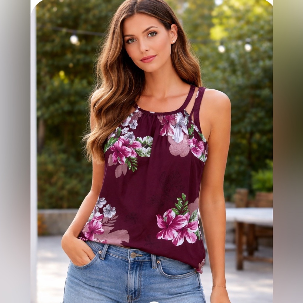 Express Pink and White Floral Tank Top